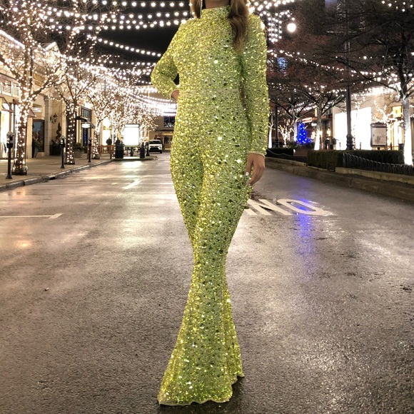 PrettyLittleThing Pants - Lime embellished high neck shoulder pad jumpsuit